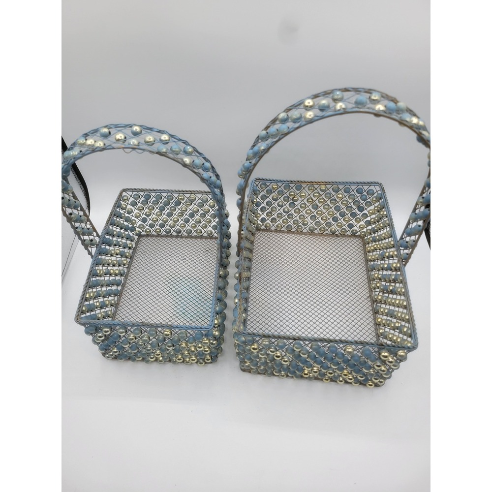 Vintage Beaded Wire Mesh Basket Set 2pc Blue Gold Cottagecore Decorative Storage